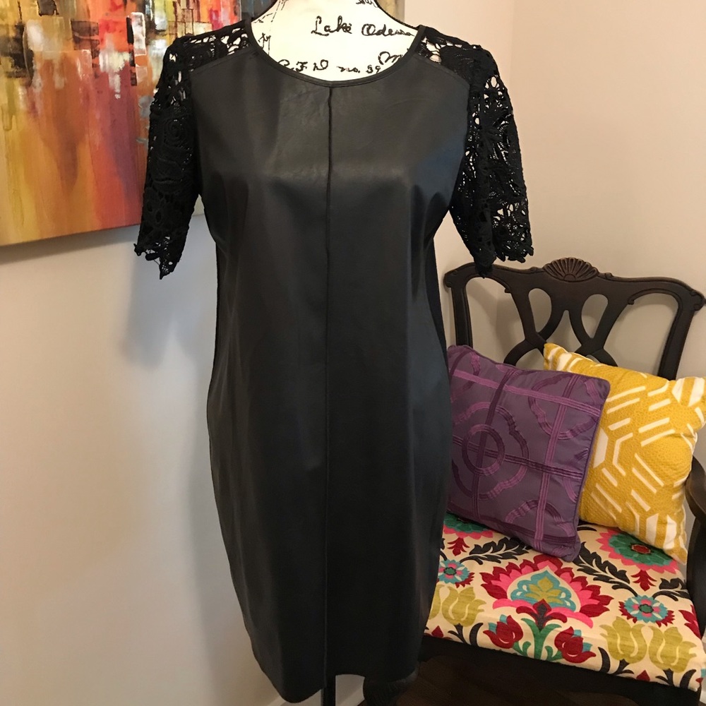NWOT!! Black Faux Leather Dress w/ Crochet Sleeves